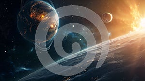 Dramatic cosmic landscape featuring planets and a glowing star.