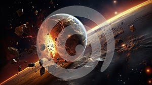Dramatic cosmic scene of two colliding planets in deep space