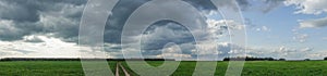 Dramatic countryside landscape with thunderclouds in the sky over a wheat field. panorama