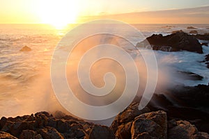 Dramatic Crashing Waves at Sunset on Big Sur coast, Garapata State Park, near Monterey, California, USA