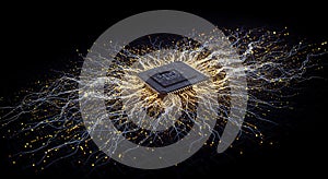 Glowing processor chip radiating digital energy