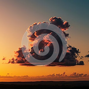 A dramatic, dark cloud formation dominates the sunset sky, with the sun casting a