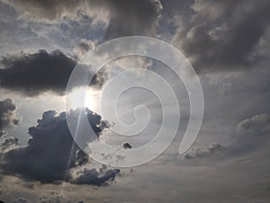 Dramatic dark clouds with sun shining behind