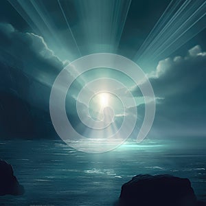 Dramatic dark sea and bright light ahead