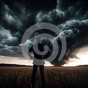 Man standing before Dramatic dark sky and clouds. Cloudy sky background. Black sky before thunder storm and rain