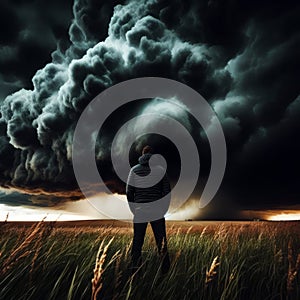 Man standing in field Dramatic dark sky and clouds. Cloudy sky background. Black sky before thunder storm and rain