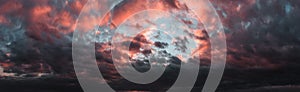 Dramatic dark sunset. Panorama of dark rain clouds in the evening