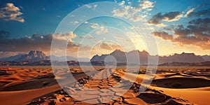 Dramatic Desert Landscape at Sunset With Cracked Soil