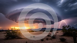 Dramatic Desert Thunderstorm with Lightning at Sunset