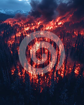 Massive forest fire burning through a dense pine forest at night, vivid red flames and thick dark smoke