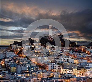 Dramatic Dusk over Coit Tower on Telegraph Hill via Russian Hill