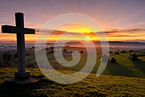 Dramatic Panorama Easter Sunday Morning Sunrise With Cross On Hill