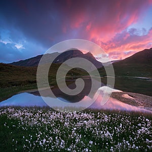 Dramatic evening in Bernese Alps before storm from Bachalp lake, Bachalpsee, Switzerland. Picturesque summer sunset in swiss Alps.