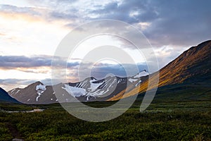 Dramatic evening skies over the Sarek National Park, Sweden.