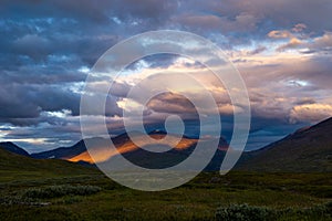 Dramatic evening skies over the Sarek National Park, Sweden.