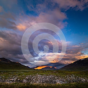 Dramatic evening skies over the Sarek National Park, Sweden.