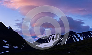 Dramatic evening skies over the Sarek National Park, Sweden.