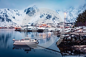 Dramatic evening view of Ballstad port, Norway, Europe