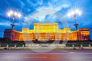 Dramatic evening view of Palace of the Parliament Bucharest city