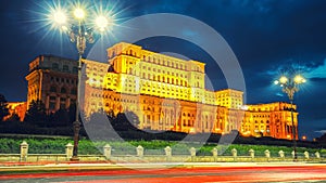 Dramatic evening view of Palace of the Parliament Bucharest city