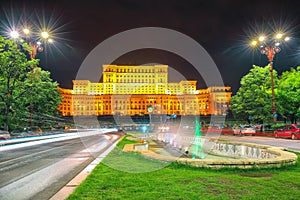 Dramatic evening view of Palace of the Parliament Bucharest city