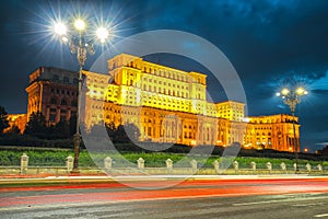 Dramatic evening view of Palace of the Parliament Bucharest city