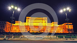 Dramatic evening view of Palace of the Parliament Bucharest city