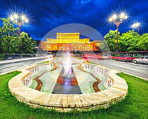 Dramatic evening view of Palace of the Parliament Bucharest city