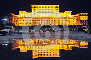 Dramatic evening view of Palace of the Parliament Bucharest city
