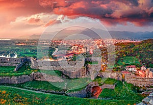 Dramatic evening view of ruins of Rozafa Castle. Wonderful sunset in Shkoder city.