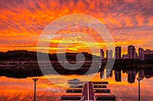 Dramatic evening view of Woncheon Lake reservoir park, suwon south korea