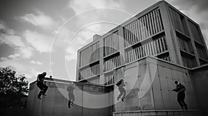 The dramatic and exciting movements of a group of parkour practitioners leaping and scaling buildings created with Generative AI