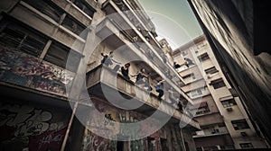 The dramatic and exciting movements of a group of parkour practitioners leaping and scaling buildings created with Generative AI