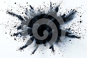 A dramatic explosion of black powder on a white background