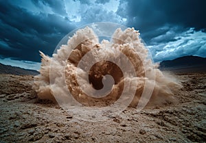 Dramatic explosion of dust and debris in a desert landscape