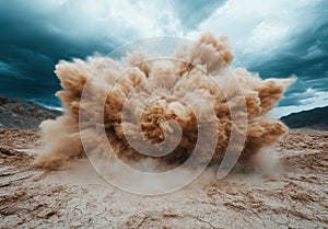 Dramatic explosion of dust and debris in a desert landscape