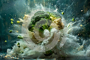 Dramatic Explosion of Fresh Green Broccoli with Dynamic Particles and Shards Against Dark Background in High Speed Photography