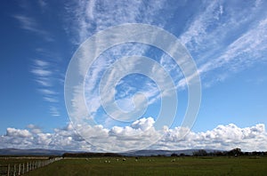 Dramatic feathery white clouds in blue sky