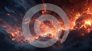 Dramatic Fiery Clouds Illuminated by Distant Stars at Night Sky