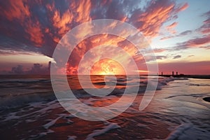 Dramatic fiery-red clouds at sunset on the sea coast as a storm omen and symbol of natures power photo