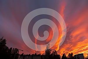 Dramatic fiery sky sunset cloudscape at dusk