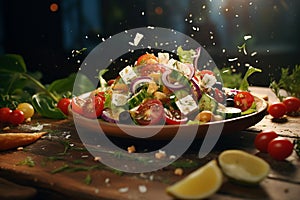 dramatic flying greek salad ingredients