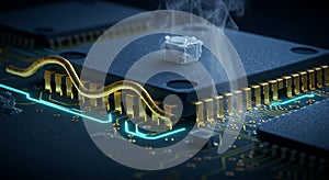 Dramatic glowing microchip failure with smoke