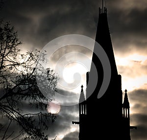 Dramatic Gothic Building, Moonlight and Tree