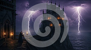 Gothic Castle on Cliff with Storm