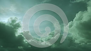 Dramatic green sky with sunlit clouds. AI image