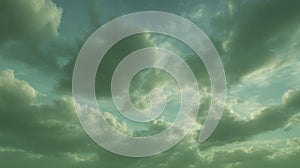 Dramatic green sky with sunlit clouds. AI image