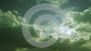 Dramatic green sky with sunlit clouds. AI image