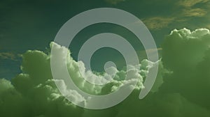 Dramatic green sky with sunlit clouds. AI image