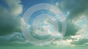 Dramatic green sky with sunlit clouds. AI image